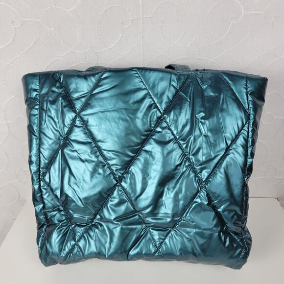 Victorias Secret Womens Tote Bag Large Green Metallic Quilted Puffer 14" NEW - Picture 5 of 16